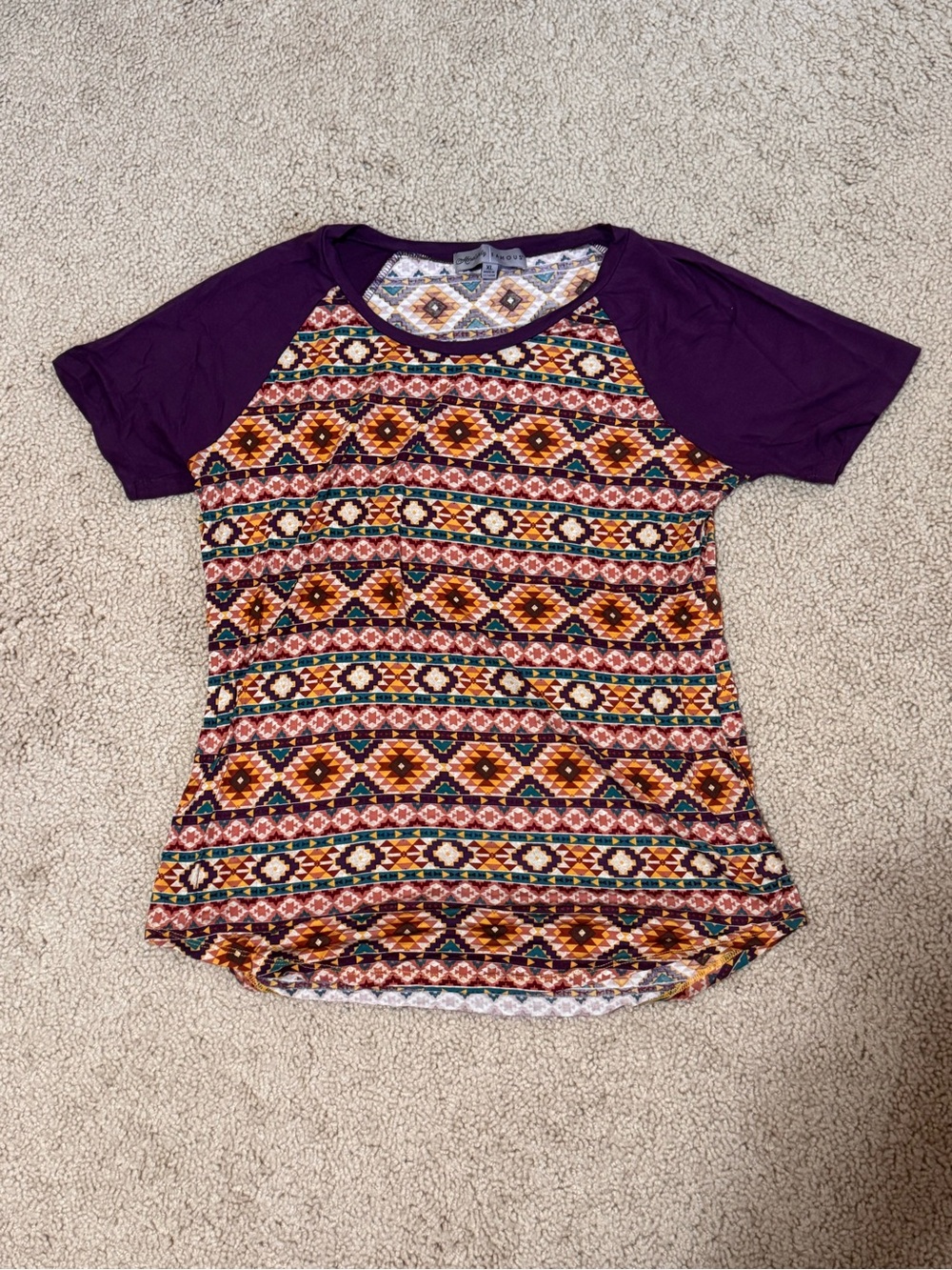 Absolutely Famous Purple-Sleeve Aztec Pattern Short Sleeve Top